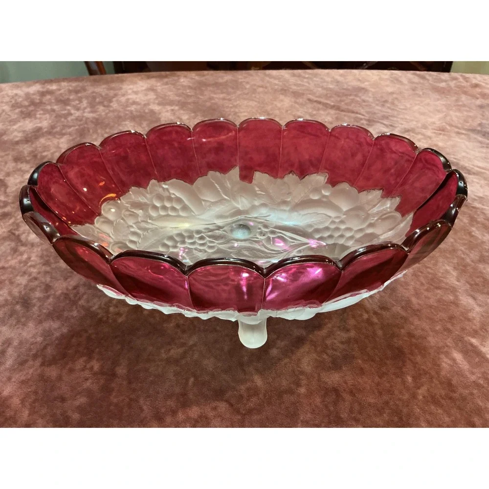Vintage Cranberry Ruby Red Frosted Glass Grape Footed Centerpiece Scalloped Bowl